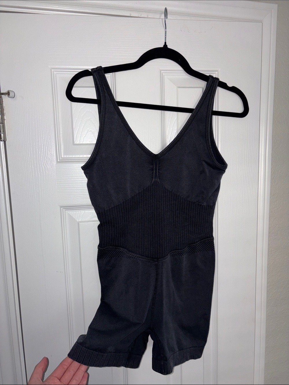 Black Seamless Ribbed One-Piece Athletic Romper